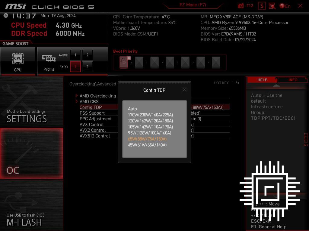 A picture showing the BIOS wattage options in the MSI MEG X670 Ace motherboard.