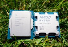 AMD Ryzen 9 9950X and Intel Core i9-14900K lying on a bed of grass.