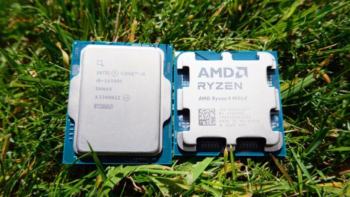 AMD Ryzen 9 9950X and Intel Core i9-14900K lying on a bed of grass.