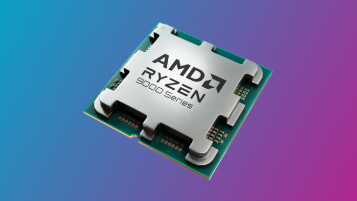 AMD Ryzen 9000 series processor against a two-tone pink and blue background