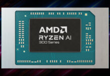 AMD Ryzen AI 300 series processors against a background of streaks of light