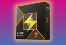 AMD Ryzen 7 9000 processor, in its retail packaging, with an electric bolt on top of it, surrounded by a yellow glow