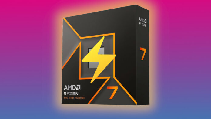 AMD Ryzen 7 9000 processor, in its retail packaging, with an electric bolt on top of it, surrounded by a yellow glow