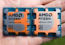 AMD Ryzen 9 9950X and 9900X with 3D superimposed over them.