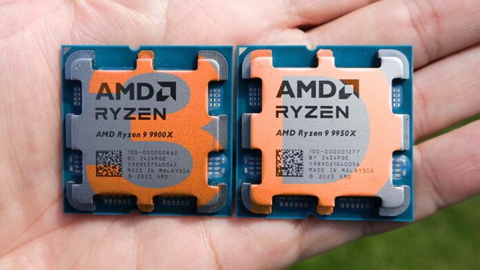 AMD Ryzen 9 9950X and 9900X with 3D superimposed over them.