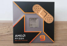 AMD Ryzen 9 9950X in retail packaging, with a cartoon adhesive bandage applied to it