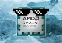 AMD Ryzen 9000 series processor, wearing sunglasses, against an icy backdrop