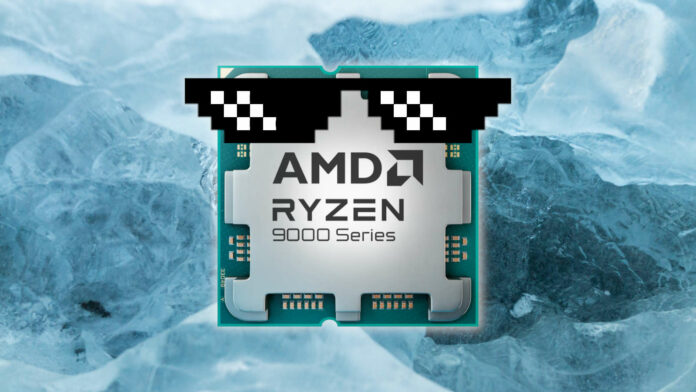 AMD Ryzen 9000 series processor, wearing sunglasses, against an icy backdrop