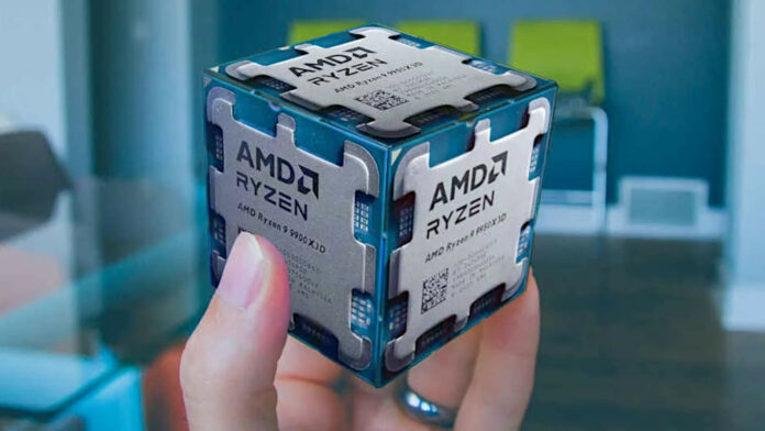 A cube of Ryzen 9000X3D processors, held in a hand