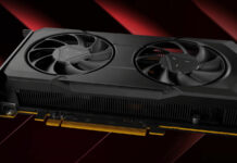 AMD reference graphics card, featuring two fans and a dark shroud, against a red-black background