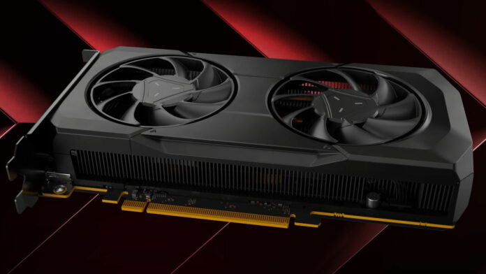 AMD reference graphics card, featuring two fans and a dark shroud, against a red-black background