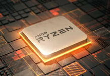 Socket AM4 Ryzen processor, with orange light glowing below its IHS