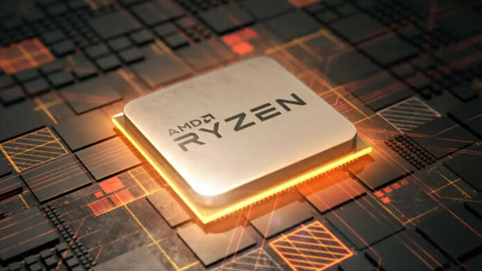 Socket AM4 Ryzen processor, with orange light glowing below its IHS