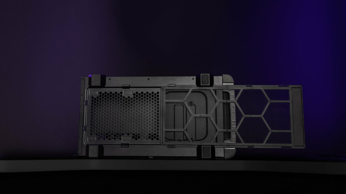 Bottom view of be quiet! Pure Base 501 Black PC case, showing its removable mesh filter