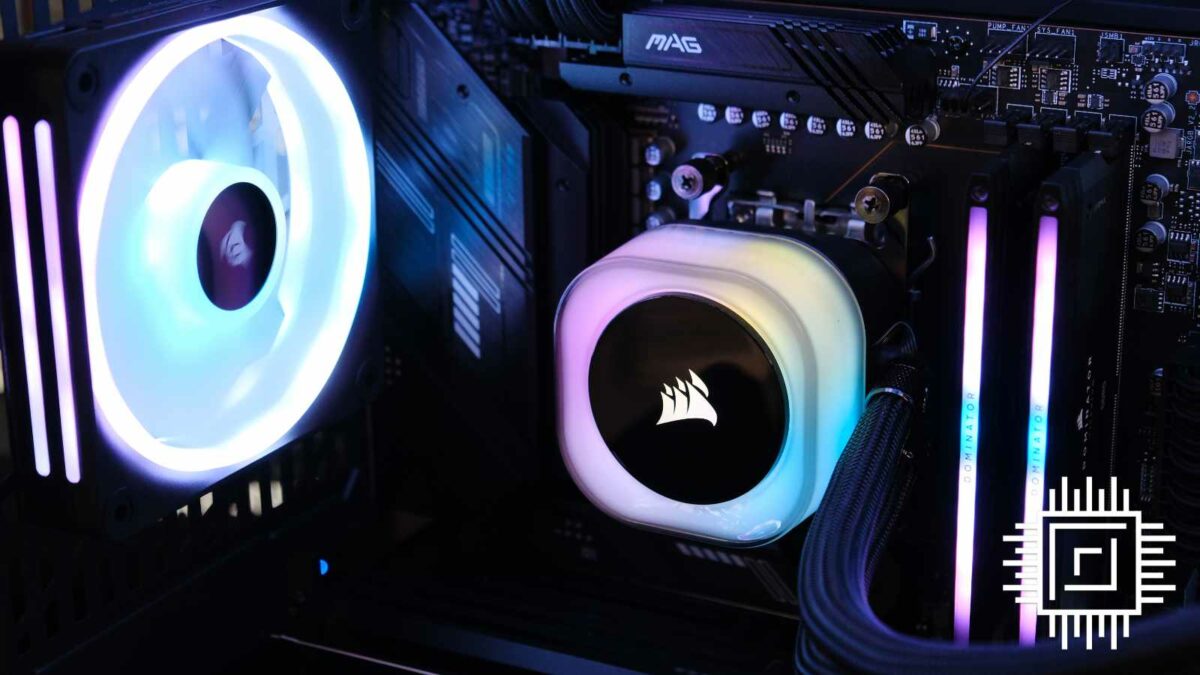 CyberpowerPC UK Ultra R99 Pro has a pastel RGB AIO cooler and fans.