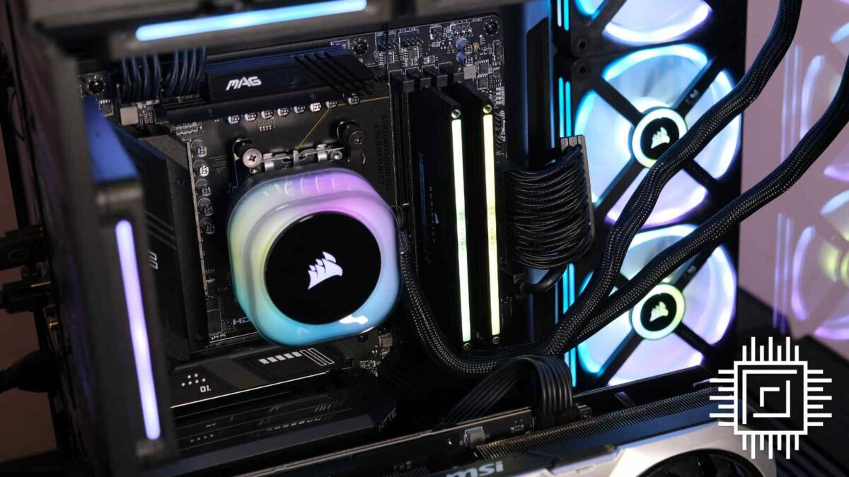 CyberpowerPC UK Ultra R99 Pro's Corsair AIO shines a pastel RGB.