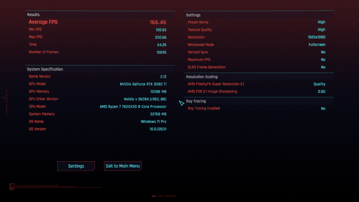 Cyberpunk 2077 benchmark results, using Windows 11 23H2