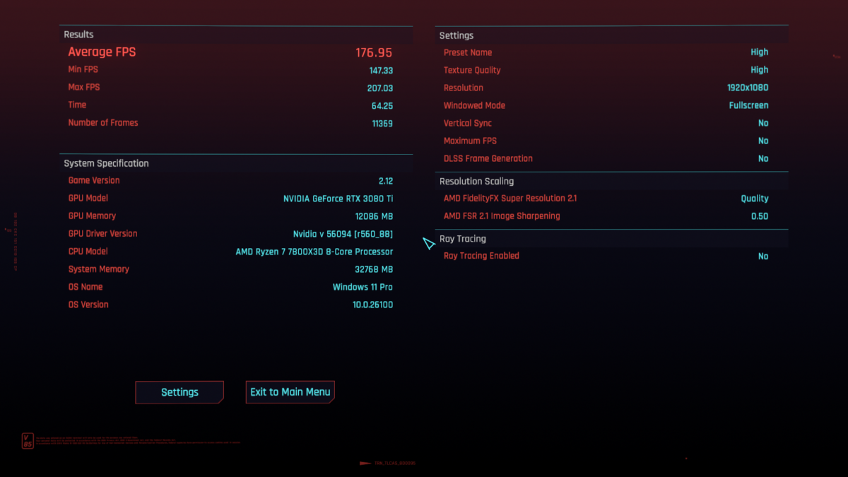 Cyberpunk 2077 benchmark results, using Windows 11 24H2