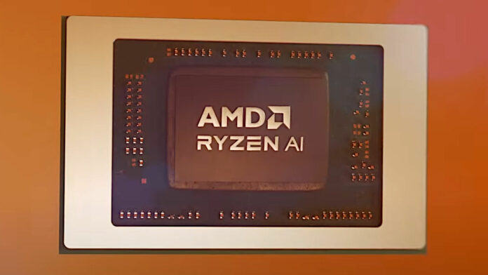 AMD Ryzen AI 300 series processor against an orange background