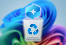 Windows Recall logo hovering above a Recycle Bin icon, against a Windows 11 Bloom logo