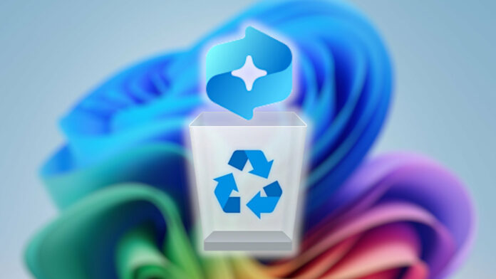 Windows Recall logo hovering above a Recycle Bin icon, against a Windows 11 Bloom logo