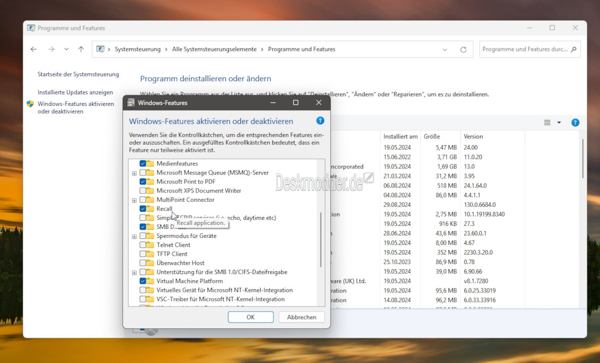 Screenshot of Windows Features in Insider Build KB5041865, showing an option to uninstall Recall