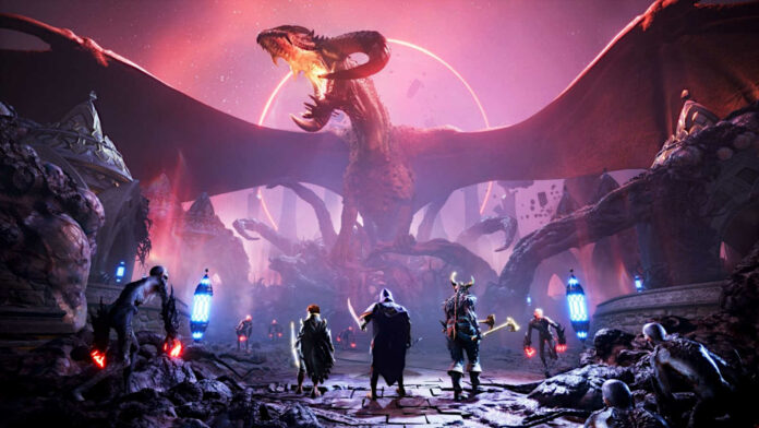 Dragon Age: The Veilguard screenshot, in which a party of adventurers face off against a dragon and other enemies