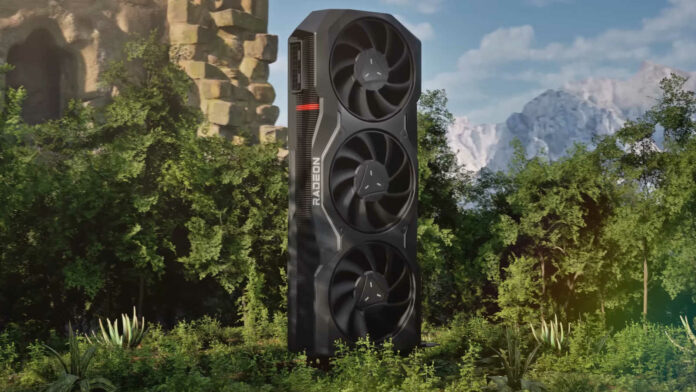 AMD Radeon graphics card with a reference cooler design, standing vertically in a forest environment