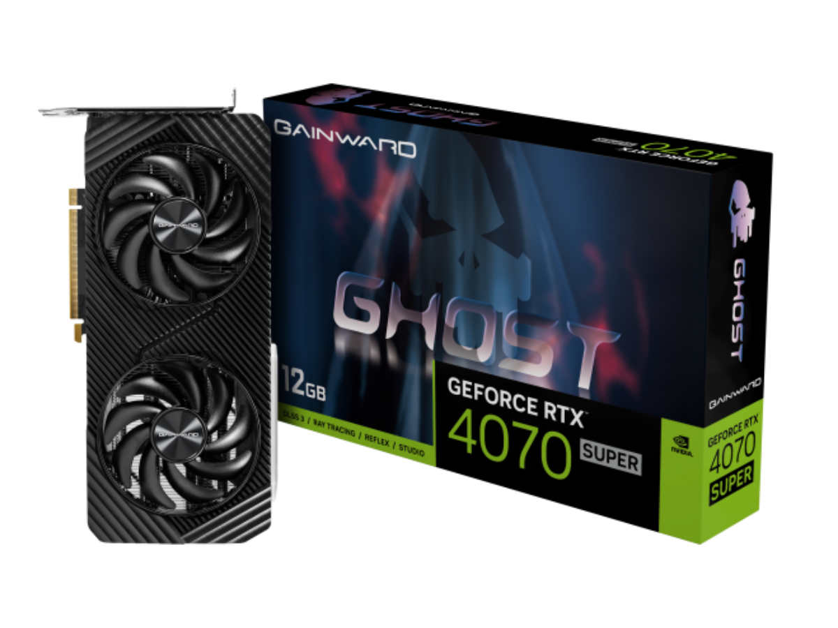 Gainward GeForce RTX 4070 Super Ghost product photo next to retail box.