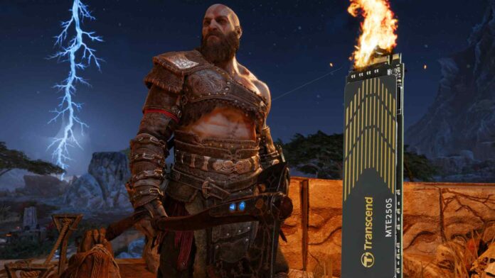 God of War Ragnarok's Kratos next to a oversized NVMe SSD burning.