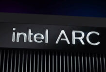 Intel Arc logo illuminated in white, against the heatsink of a graphics card