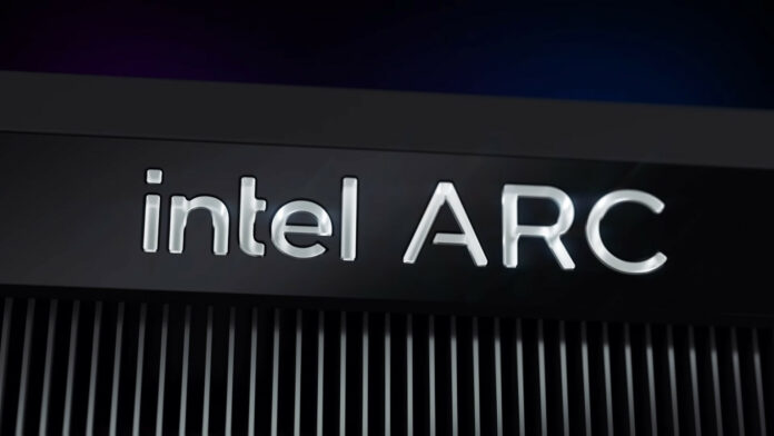 Intel Arc logo illuminated in white, against the heatsink of a graphics card