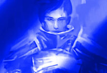 Key art for Intel Arc Battlemage GPU architecture, featuring a titular battlemage coated in blue light