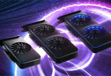 Several Intel Arc graphics cards against a blue-purple nebulous background