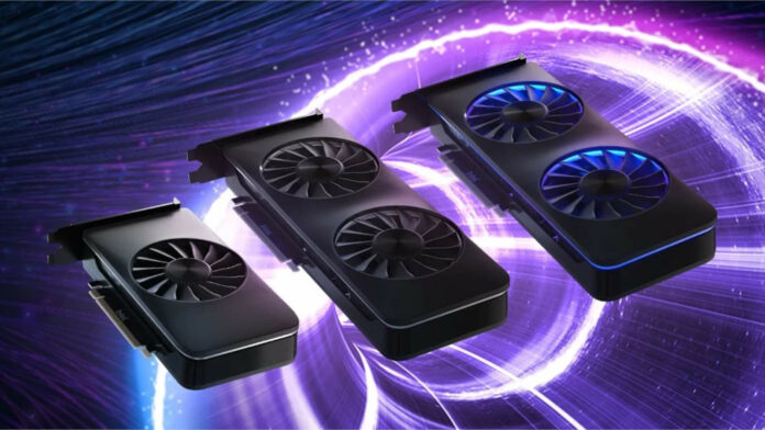 Several Intel Arc graphics cards against a blue-purple nebulous background