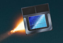 Intel Lunar Lake processor with a streak of fire behind it, against a dark sky