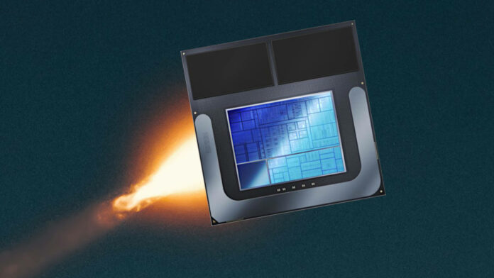 Intel Lunar Lake processor with a streak of fire behind it, against a dark sky