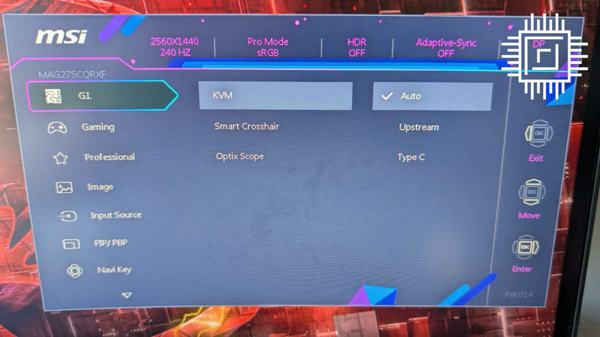 MSI MAG 275CQRXF displaying its on-screen display