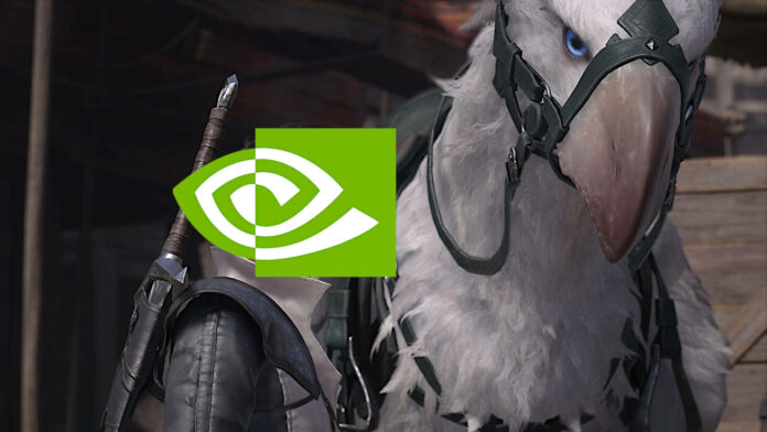 Final Fantasy 16 screenshot, featuring a Chocobo (right) and character with their face replaced with an Nvidia logo (left)