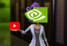 Nvidia Omniverse ACE model, with its face replaced with the company logo, holding a logo for YouTube in its hand