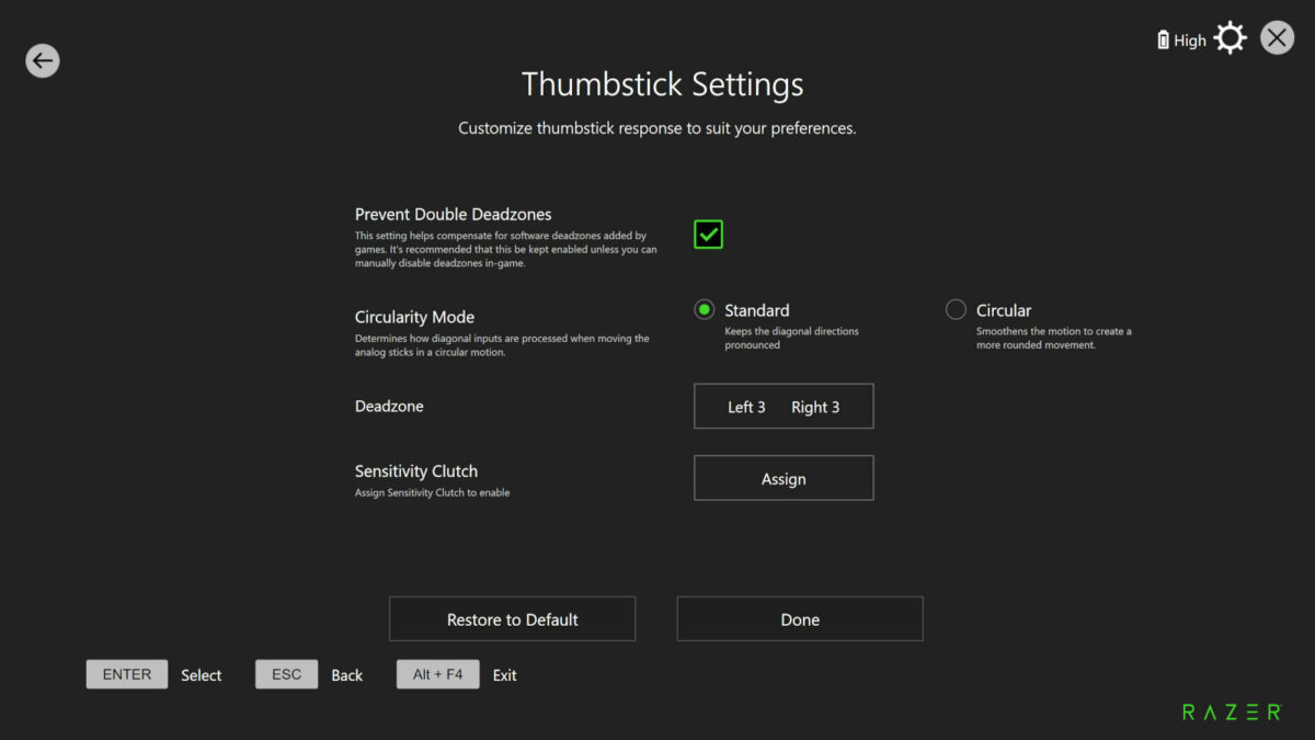 Razer Wolverine V3 Pro software, showing a set of options relating to thumbsticks