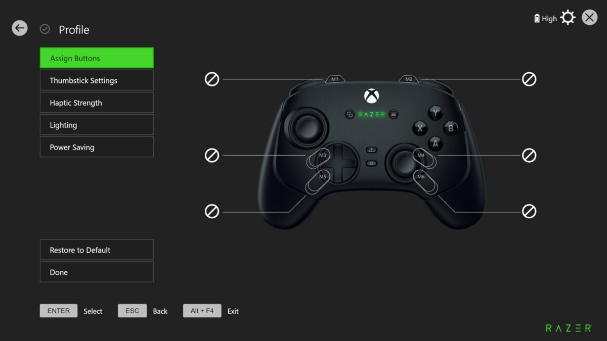 Razer Wolverine V3 Pro software, showing a menu of options (left) and controller (right)