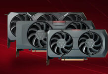 Three Radeon graphics cards, stacked on another, against a red backdrop