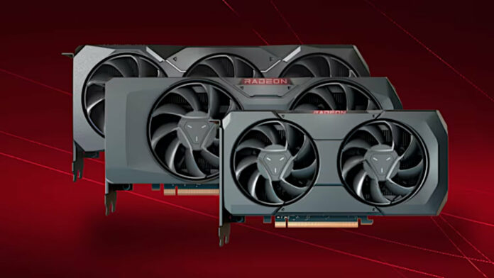 Three Radeon graphics cards, stacked on another, against a red backdrop