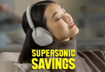 A woman enjoys wearing Sony WH-1000XM5, with Supersonic Savings written beneath.