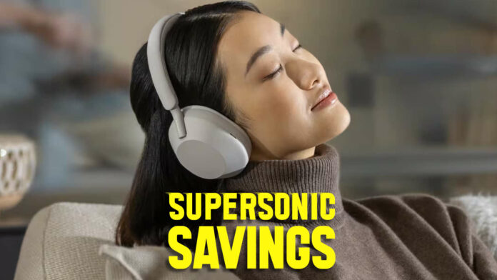 A woman enjoys wearing Sony WH-1000XM5, with Supersonic Savings written beneath.