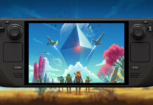 No Man's Sky key art, featuring astronauts and spaceships on an extra-terrestrial world, displayed on a Steam Deck