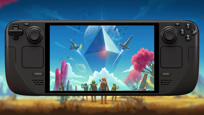 No Man's Sky key art, featuring astronauts and spaceships on an extra-terrestrial world, displayed on a Steam Deck