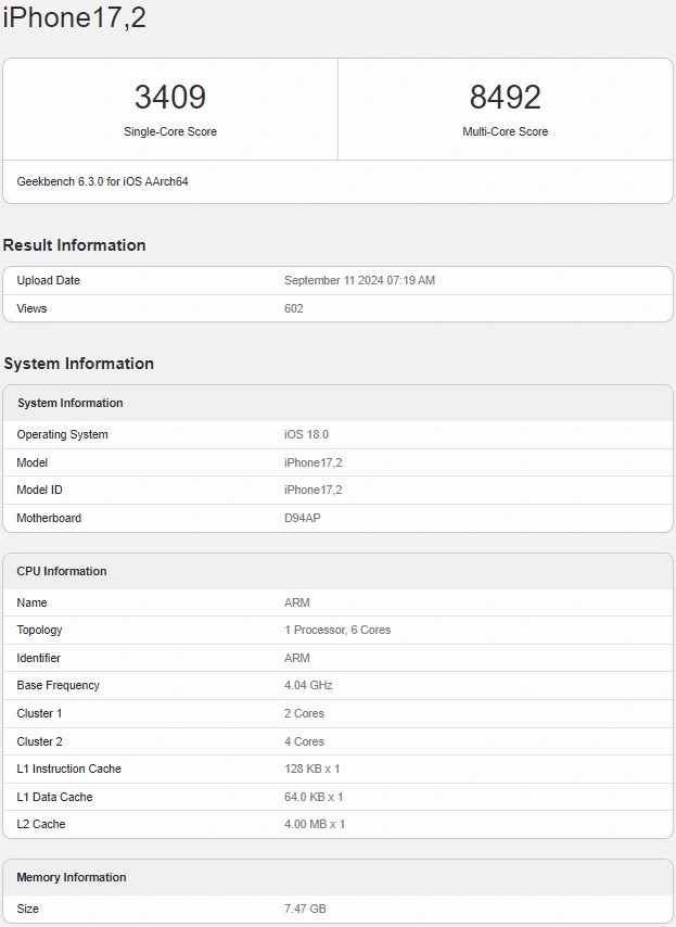 Apple A18 Pro on Geekbench.