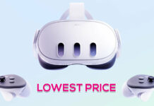 Meta Quest 3 headset with controllers above text that says "lowest price."